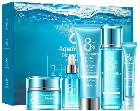 QUIYUM Set Cuidado de la Piel, Set Regalo Cuidado de la Piel Mujer, 5 Piezas Skincare Kit Facial con Leche Limpiadora Facial Tónico Crema para Ojos Suero y Crema Facial