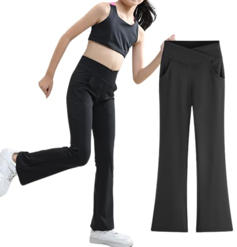Allmeingeld Girls' Yoga Pants High Waisted Bootcut Stretchy Pants Black 11 Years