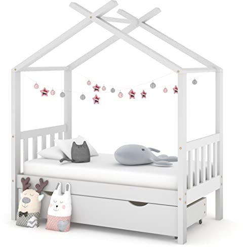 Willood Kinderbett mit Schubladen Hausbett Holzbett für Kinder mit Rausfallschutz Bettgestell mit Lattenrost Massivholz Kiefer Ohne Matratze Weiß 70 x 140 cm
