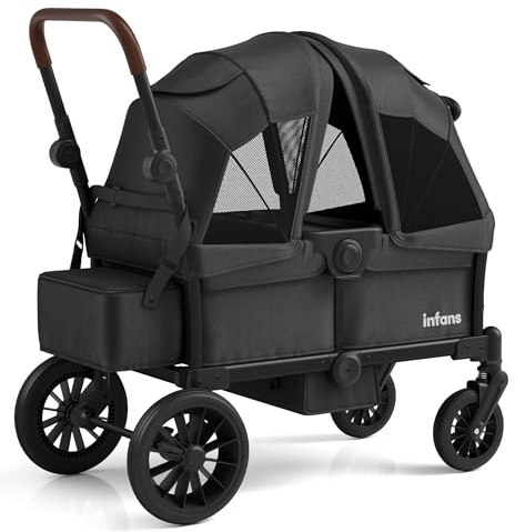 INFANS Wagon Stroller for 2 Kids, Collapsible Adjustable Push Pull Handle Bar, 2 Seater Stroller Wagon with Removable Canopy Snack Tray, Comfortable Drop-Down footwell and Upholstered Seats