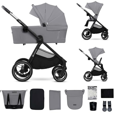 Kinderkraft NEA 2 Kinderkraft buggy von Geburt bis 22 kg, Zusammenklappen mit einer Hand, Liegeposition, großes Verdeck, alle 4 Räder gedämpft, extrem leicht, UPF50+, Korb bis zu 5 kg, Grau