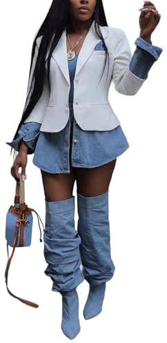 DINGANG Blazer Denim Jacket for Women Office Casual Long Sleeve Open Front Patchwork Jackets Coat
