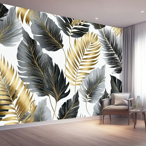 Papier Peint Panoramique 350 x 256 cm, Plantes Tropicales Feuilles De Palmier Poster Photo Mural Papier Peint Décoration Murale Salon Chambre á Coucherr Bureau Enfant Chambre, Noir Or