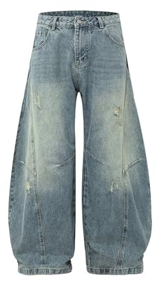 Bakyarder Unisex Baggy Wide Leg Jeans Vintage Distressed Patchwork Balloon Denim Pants Streetwear Retro Loose Fit Trousers Light Blue Large