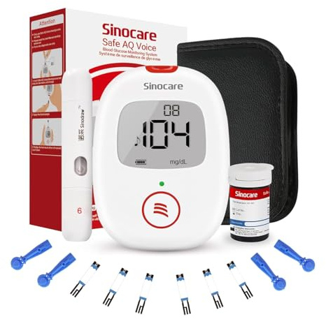 Sinocare Safe AQ Voice Misuratore Glicemia nel Sangue Senza Codifica con Funzione Vocale italiano, Diabete Test Kit di Test Rapido e Accurato, Glucometro Incluse 25 Strisces/Lancettes-mg/dL