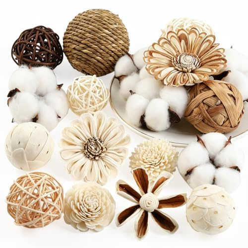 TaoQ C 18 Piezas Bolas de Ratán Trenzadas Rellenos de Esferas Trenzadas Decorativas Bolas de Ratán Decorativas Surtidas para Cuenco Jarrón Mesa Boda Fiesta Decoración del Hogar