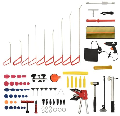 Set di 76 strumenti per la rimozione delle ammaccature, in acciaio inox, con martello scorrevole, riflettore LED, pistola per colla e custodia, versatile per auto, moto, auto, officina e fai da te