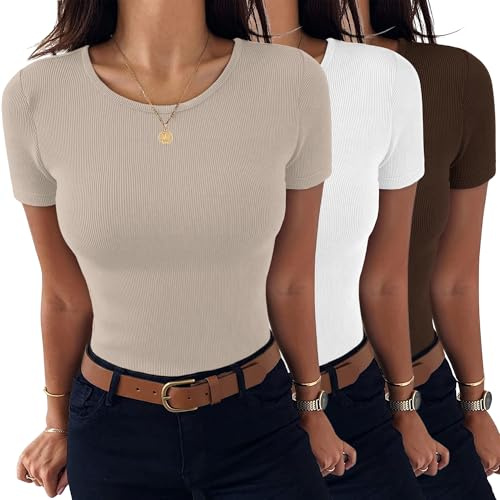 Aottori Lot de 3 T-Shirts à Manches Courtes Femmes Hauts Col Rond Été Tops | Lot pratique de trois hauts, maille côtelée douce et extensible, col rond classique, confort quotidien, tenues faciles