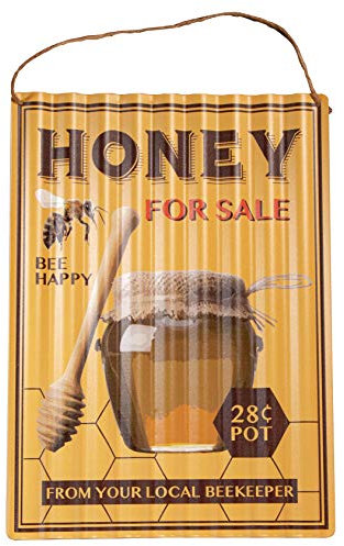 Antikas - Une magnifique plaque en tôle avec motif miel, apiculteur et aspect tôle ondulée.