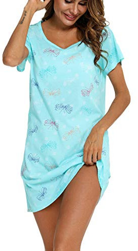 ENJOYNIGHT Nachthemd Damen Kurzarm Baumwolle Schlafshirt Sommer Sleepshirt Kurz Nachtwäsche Nachtkleid Weiche Schlafhemd (Large,Blauer Schmetterling)