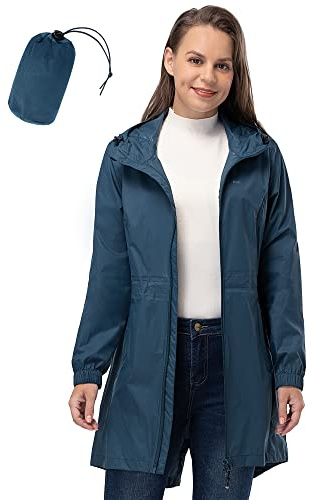 33,000ft Women's Rain Jacket Lightweight Hooded Long Rain Coat Waterproof Jacket Ladies Packable Functional Jacket Windbreaker Breathable Active Outdoor Coats Sapphire Blue L/14