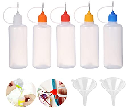 5 botellas de pegamento vacías de 120 ml con 2 mini embudos, botellas aplicadoras de plástico con tapas de punta de aguja para pegamento, líquido, aceite, manualidades, pintura acrílica (multicolor)