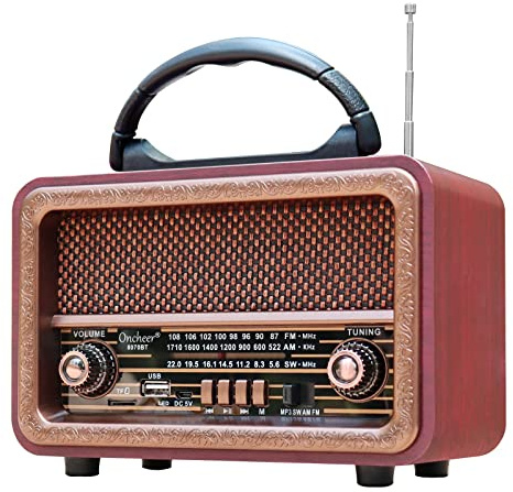 Oncheer AM/FM/SW 3-Band Portable Radio: Wooden Retro Vintage Radios, Rechargeable Battery Operated, Handheld, for Outdoor Picnic Beach Camping, Supports Bluetooth TF Card USB MP3 Player