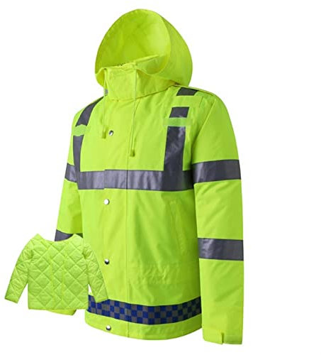 QIULAO Chaqueta Bomber Reflectante De Alta Visibilidad, Chubasquero Impermeable for Hombres Ropa De Trabajo De Seguridad, Calor Acolchado, Forro Y Capucha Extraíbles, Chaqueta De Advertencia Amarilla