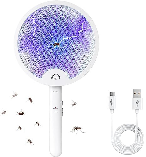 Flintronic Racchetta elettrica insetti, USB ricaricabile 3000 V racchetta zanzara elettrica pieghevole con 3 strati di protezione in rete e luce notturna a LED, Tapetteà Mosca elettrica 3 in 1