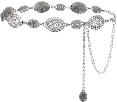 LEACOOLKEY Women Western Boho Chain Belt Country Concho Cowgirl Vintage chain Belt,silver