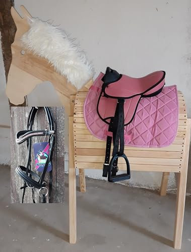 HKM Shettysattel Set inkl. gebissloser Trense mit Strass toller Sattel mit Zubehör für´s Holzpferd Shetty Sattel