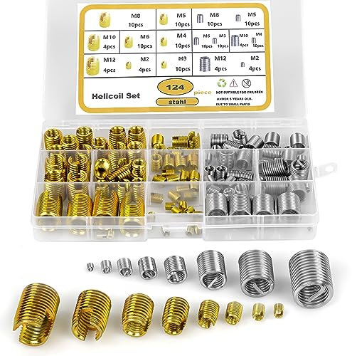 Corpower Insertos Roscados, 124 Piezas Inserto de Rosca Autorroscante Kit M2 M3 M4 M5 M6 M8 M10 M12 Tuerca de Inserción de Rosca Inserto de Reparación de Rosca