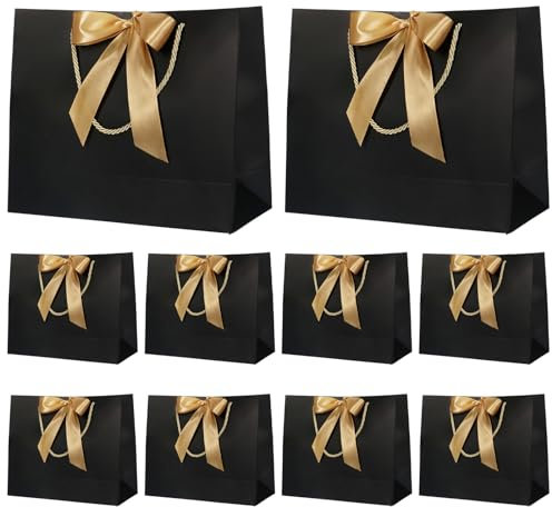 10 Stück Geschenktüten Papier, Schwarz Geschenktasche mit Gold Schleifenbändern für Geburtstag Hochzeit Party Geschenk Verpackung