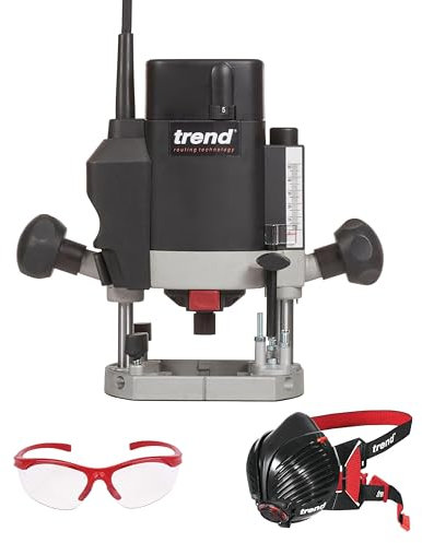 Trend T5 Variabelgeschwindigkeitsfräse 8mm und Sicherheitsausrüstung, 1000W Oberfräse 230V EU, Air Stealth Staubmaske & Schutzbrille, T5/SAFE/SET/E