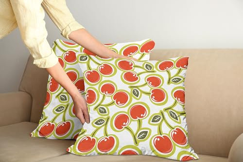 ABAKUHAUS Obst Kissenbezug 2er-Pack, Süßes leckeres aufwändiges Kirsch- und Blatt-Muster-frisches Lebensmittel-Spaß-Kunst-Bild, 60 x 60 cm, Apfelgrün Weiß Rot