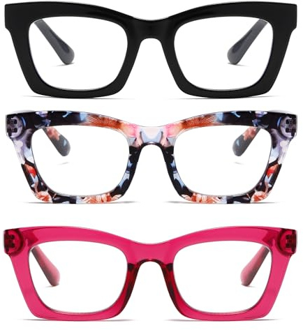 Hubeye Oversized Square Reading Glasses for Women Blue Light Blocking Spring Hinge Computer Readers for Office Home (Black+Rose Red+Floral, 1.50)