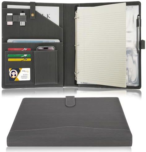 Wonderpool Porte-documents en Cuir A4 Padfolio Anneaux Planchettes à pince Classeur Ramovible avec Portebloc Notes et Organiseur Multi-poches pour Bureau Conférence Réunion et Travail (Gris)