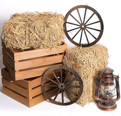 GliCraft 6 Pack 13 x 9 x 6 Inch Straw Hay Bale Stack Decoration Set Rustic Wooden Wagon Wheel Natural Hay Bales Boxes for Western Cowboy Photo Booth Props Birthday Farm Accessories