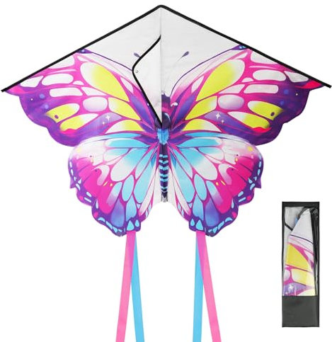 Aomig Kind Drachen Einleiner Flugdrachen für Kinder und Erwachsene Bunter Schmetterling Lenkdrachen für Anfänger ab 3 Jahren Colorful Kinderdrachen mit Langen Schwänzen (100*73cm)