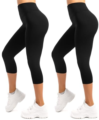 SINOPHANT 3/4 Leggings Donna Vita Alta Elasticizzati Opachi Taglie Grandi Leggings 2 Pack Nero S-M