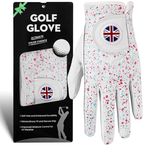FINGER TEN Golf Gloves Men Left Hand Right Cabretta Leather Weathersof with Ball Marker 1 Pcs, Men’s Golf Glove Soft Breathable Wear Resistance (Blue, L, Left)