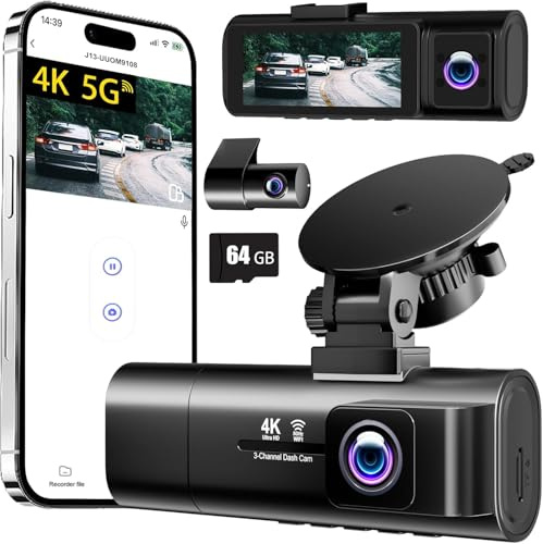 3 Canales Dash CAM Coche, 4K+1080P+1080P Camara Coche, 5G WiFi, Tarjeta 64G, Pantalla 3.16, Super Visión Nocturna, Gran 170°, WDR, Grabación de Bucle, G-Sensores, Monitorización 24 Horas para Coche