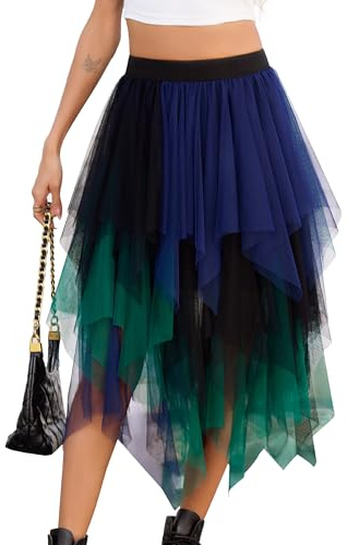 Lovasy Falda de Tutú para Mujer Irregular Tutu Tul Falda Disfraz para Ballet A-Line Midi Faldas para Mujer Prom Party Vestido Plisado,Azul Verde,S-M