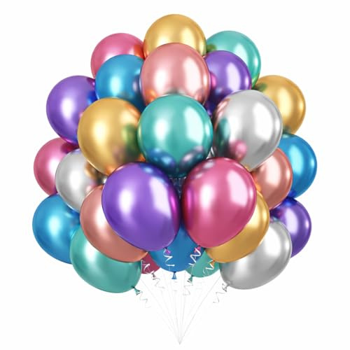 Omrel Metallic Balloons, 50pcs Metallic Rainbow Balloons Birthday Balloons with Pink Blue Gold Green Helium Balloon, Multicoloured Chrome Ballon for Iridescent Party Wedding Engagement Decorations