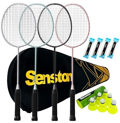 Senston Professional Badminton Rackets Set of 4 – 90g Lightweight Carbon Fiber Racket for Beginners, Family & Backyard Fun, with 6 Shuttlecocks, 4 Grips & Carry Bag