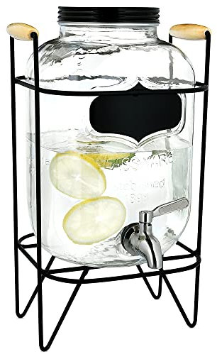 Navaris Getränkespender 5 Liter aus Glas - Zapfhahn aus Edelstahl und Ständer - Wasserspender Glasbehälter für kalte Getränke