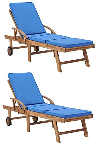 vidaXL 2X Teak Massiv Sonnenliege mit Auflagen 2 Rädern Gartenliege Holzliege Relaxliege Rollenliege Strandliege Liege Gartenmöbel Blau