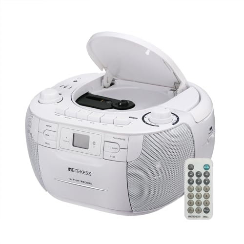 Retekess TR621 Tragbares CD Radio,Kassettenspieler CD,Stereo mit AM FM-Radio,Kassettenrekorder,Unterstützung von USB/TF/Kopfhörer, mit Fernbedienung(Weiß)