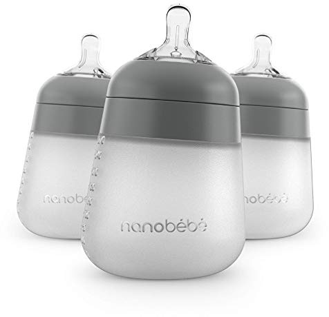 Nanobebe Flexy Silicone Baby Bottles, Anti-Colic, Natural Feel, Non-Collapsing Teat, Non-Tip Stable Base, Easy to Clean 3-Pack, Gray, 270ml