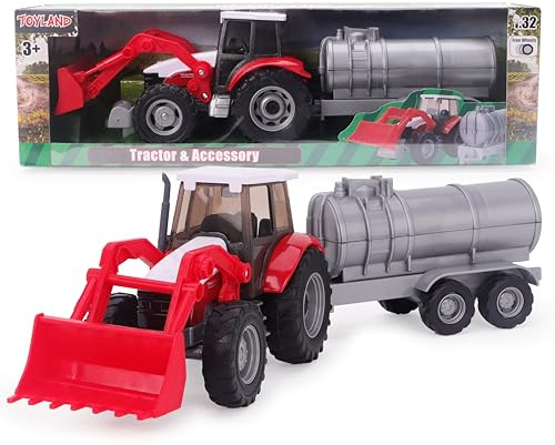 Toyland® 36cm (14“) Set da gioco agricolo con trattore rosso, caricatore frontale e rimorchio cisterna staccabile - 1:32 Scala - Veicolo giocattolo da collezione a tre ruote per bambini