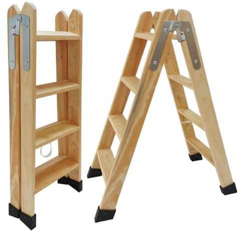 BTF® Escaleras Tijera de Madera Pino Doble Subida Certificadas. Ideal para Profesionales Pintor, Escayolista, Electricista o hasta para su hogar! 4+4 Peldaños, H.96 cm. Ref. BTF-MDP004