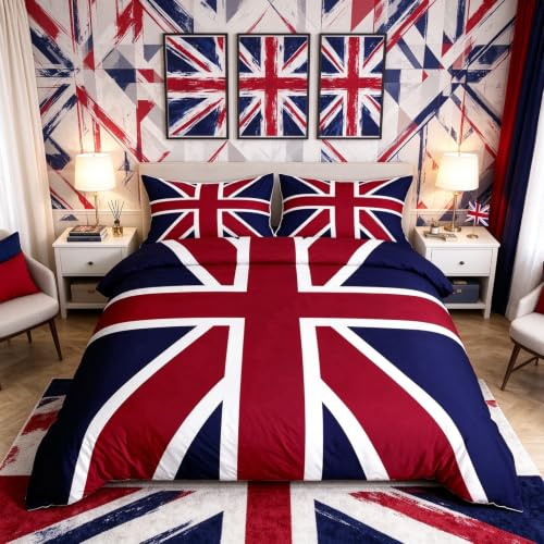 Loussiesd Union Jack Flag Duvet Cover British Flag Bedding Set for Kids Boys Girls Teens Room Red Whit Blue Comforter Cover Set Stripe Bedspread Cover 3Pcs Zipper Double Size