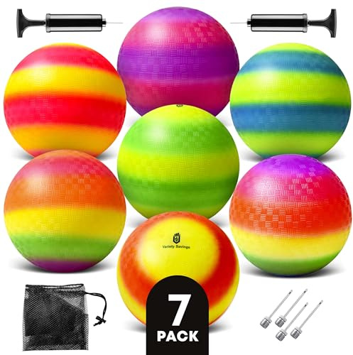 Variety Savings 7 Pack Playground Balls (8.5 Inch) – Dodgeball & Kickball Set for Kids, Includes 2 Pumps, 4 Pins, Mesh Bag – School & Outdoor Play
