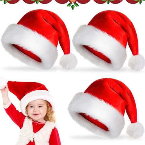 JIASHA 3PCS Gorro de Papá Noel,Sombrero de Santa,Gorro Papá Noel de Navidad de Santa,Gorro de Navidad,Gorro Navideño para Niño Gorro Disfraz de Navidad Clásico para Fiestas (3pcs Niños)