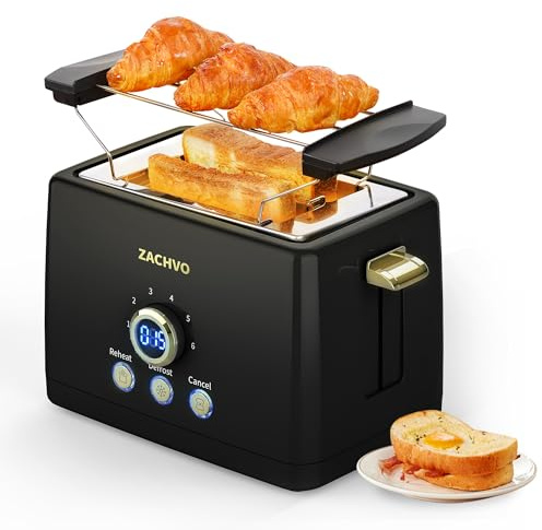 Toaster 2 Scheiben, ZACHVO Toaster mit Brötchenaufsatz, 6 Bräunungsstufe, 850W Herausnehmbare Krümelschublade, LED-Bildschirm, High Lift, Aufwärmen, Auftauen, Abbrechen Funktion