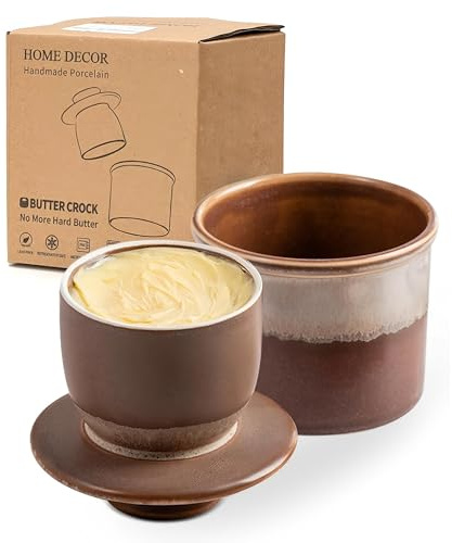 HOME DECOR Burroiera in ceramica con smalto reattivo, per burro francese da banco, con linea d'acqua per burro fresco spalmabile, caffè al latte