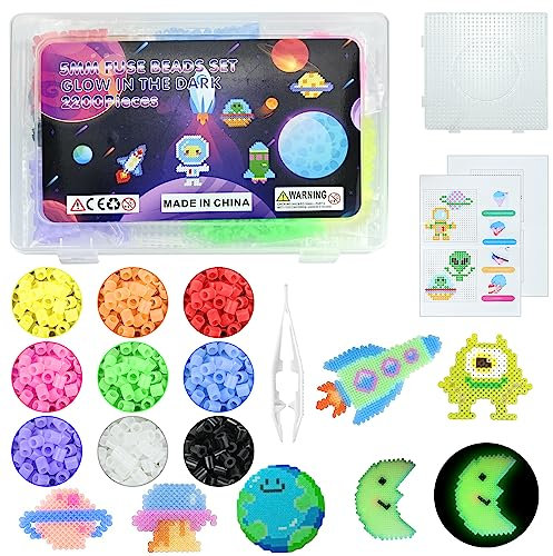 2200 perlas de planchar de 5 mm que brillan en la oscuridad, para niños, 12 colores, juego de cuentas luminosas con cuentas para planchar, hojas y plantillas, papel de planchado, cuentas de colores,