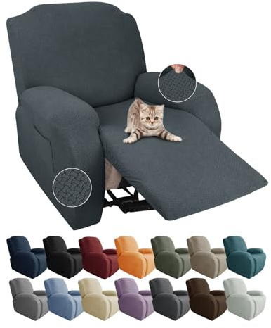 JIVINER Stretch Recliner Chair Covers with Pocket 4 Piece Chair Covers for Reclining Chair Furniture Protector Soft Recliner Cover with Elastic Bottom (Recliner, Dark Gray)