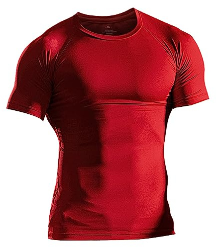 Muscle Alive Uomo Magro Stretto Compressione Livello Base Manica Corta Maglietta Bodybuilding Top Poliestere e Spandex Rosso S