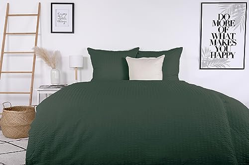 jilda-tex Seersucker Bio-Bettwäsche Uni 100% Baumwolle Valencia Sommerbettwäsche (Waldgrün, 200x220 + 2x80x80 cm)